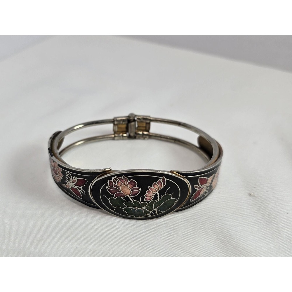 Vintage Chinese Cloisonne Lotus Butterfly Hinged Bangle Bracelet Black Enamel